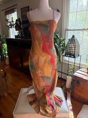 ACOA Slip Dress with Painterly Multicolor Print - Gold & Coral Accents
